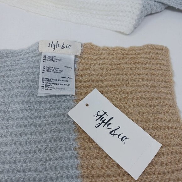 NWT Style & Co Knit Scarf Womens One Size Tan Gray Ivory Color Block Knit - Picture 3 of 7